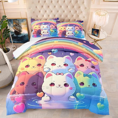 Rainbow Cat Comforter Queen Size - Rainbow Cat Bedding for Girls Room Cute Cartoon Rainbow Bedding Queen Comforter Sets for Kids, 1 Comforter+2 Pillowcases