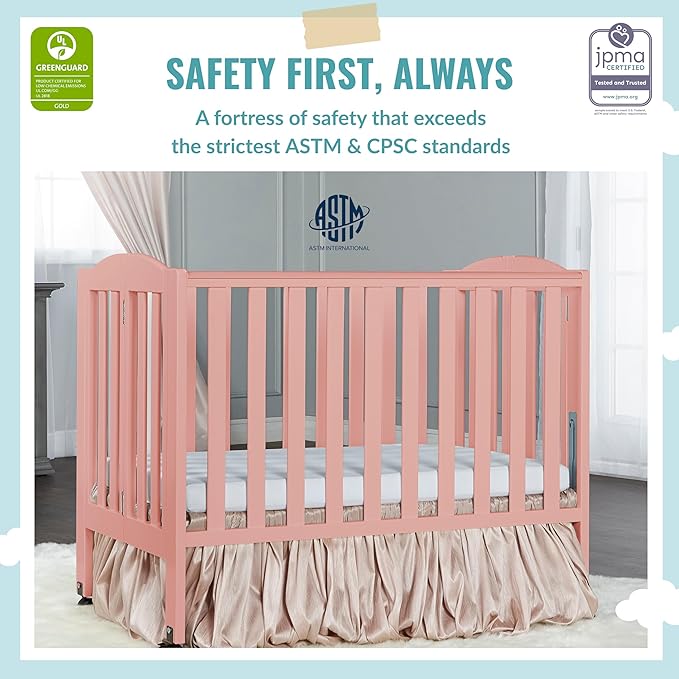 2-in-1 Portable Folding Stationary Side Crib in Dusty Pink, Greenguard Gold Certified, Two Adjustable Mattress Height Positions,Made of Solid Pinewood, Flat Folding Crib