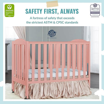 2-in-1 Portable Folding Stationary Side Crib in Dusty Pink, Greenguard Gold Certified, Two Adjustable Mattress Height Positions,Made of Solid Pinewood, Flat Folding Crib