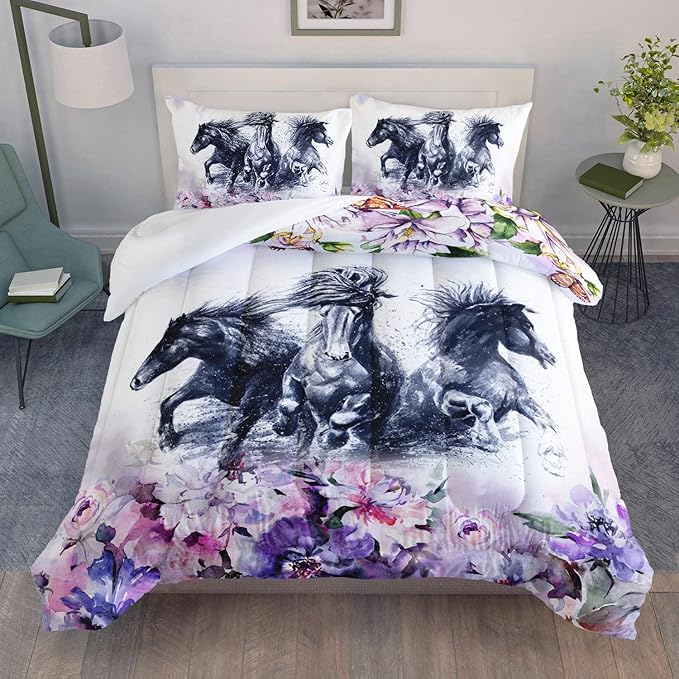 Kid Galloping Horse Comforter Set Room Purple Floral Animal Theme Handsome Horse Bedding Set for Boys Girls Adult, 1 Comforter + 2 Pillowcases