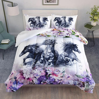 Kid Galloping Horse Comforter Set Room Purple Floral Animal Theme Handsome Horse Bedding Set for Boys Girls Adult, 1 Comforter + 2 Pillowcases