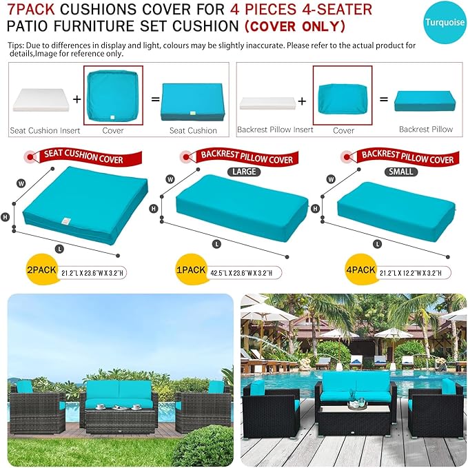 ClawsCover 7Pack Outdoor Seat and Back Cushions Replacement Covers Fits for 4-Seater 4Pieces Wicker Rattan Patio Conversation Set Sectional Couch Chair Furniture,Turquoise-Include Cover Only