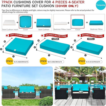 ClawsCover 7Pack Outdoor Seat and Back Cushions Replacement Covers Fits for 4-Seater 4Pieces Wicker Rattan Patio Conversation Set Sectional Couch Chair Furniture,Turquoise-Include Cover Only