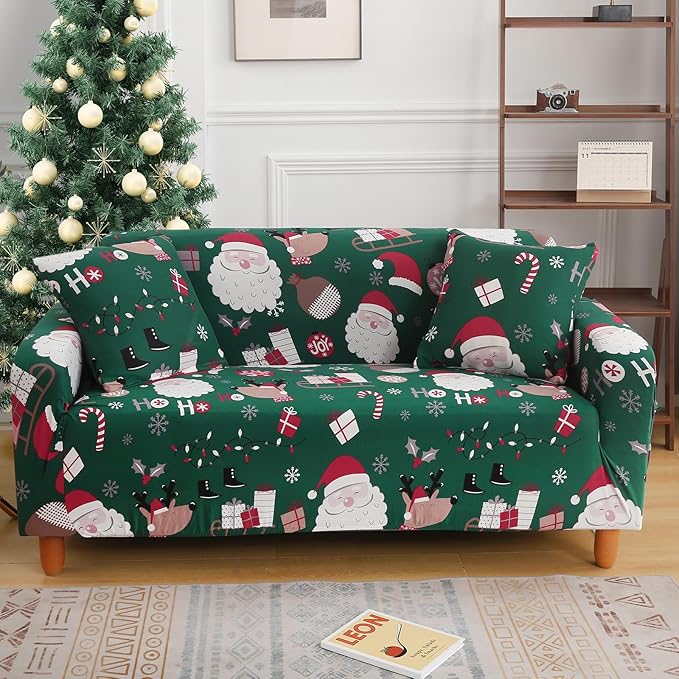 Mybedsoul Christmas Sofa Cover Santa Claus Printed Sofa Couch Cover Washable Furniture Protector with Elastic Bottom Xmas Home Room Festival Decoration(2 Seater/Loveseat)