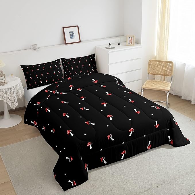 Cute Mushroom Comforter Set Twin Kid Cartoon Kawaii Reversible Bedding Set Red Mushroom Duvet Set Mushroom Shaped Comforter Lovely Natural Wild Plants Fungus Comforter Set for Room Decor, Black