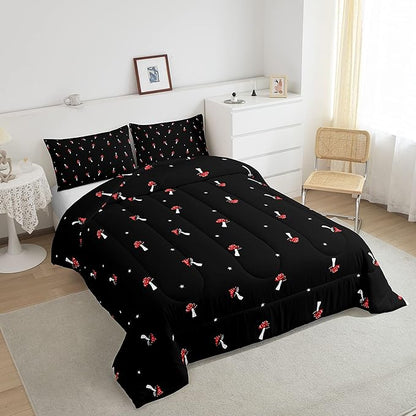 Cute Mushroom Comforter Set Twin Kid Cartoon Kawaii Reversible Bedding Set Red Mushroom Duvet Set Mushroom Shaped Comforter Lovely Natural Wild Plants Fungus Comforter Set for Room Decor, Black