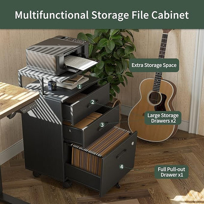 FEZIBO File Cabinet with Lock for Home Office, 3-Drawer Rolling Filing Cabinet, Home Office File Cabinet for A4/Letter/Legal Size, Printer Stand, Wooden Storage Cabinet, Black