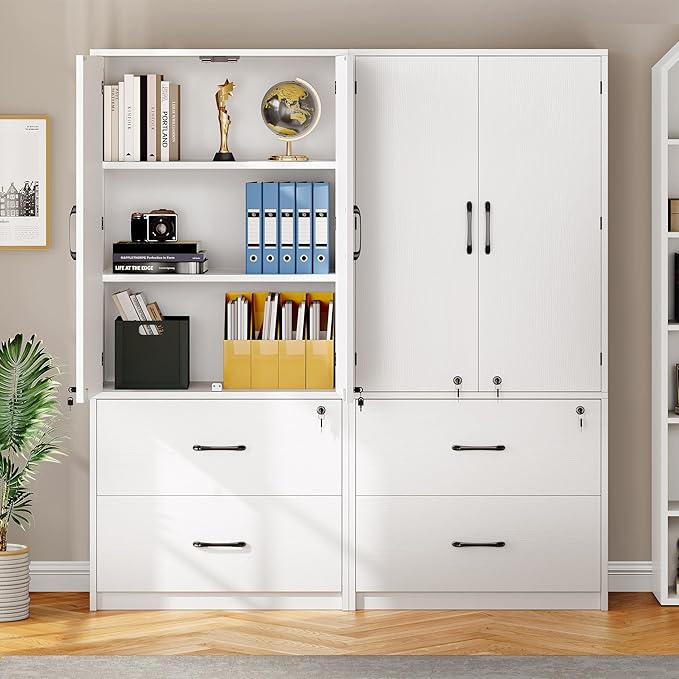 YITAHOME Wood File Cabinets, Heavy Duty Garage Tool Cabinets with Doors & Adjustable Shelves, Big Storage Filing Lockers for Home Office, Living Room, Pantry, Gym, Basement, Warehouse, White