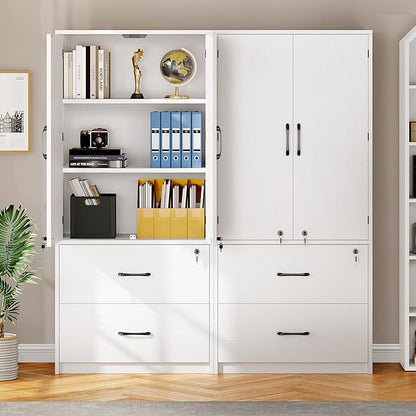 YITAHOME Wood File Cabinets, Heavy Duty Garage Tool Cabinets with Doors & Adjustable Shelves, Big Storage Filing Lockers for Home Office, Living Room, Pantry, Gym, Basement, Warehouse, White