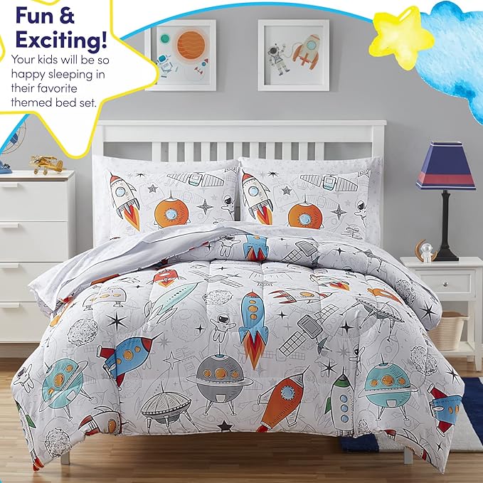 Kids Bedding Set Bed in a Bag for Boys and Girls Toddlers Printed Sheet Set and Comforter, Full, Floating in Space (Pack of 4)