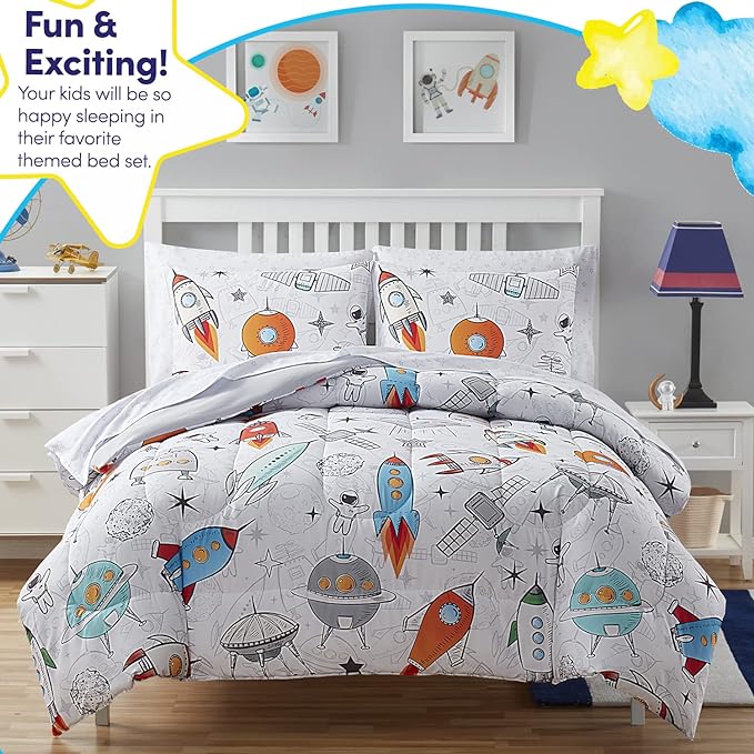 Kids Bedding Set Bed in a Bag for Boys and Girls Toddlers Printed Sheet Set and Comforter , Twin, Floating in Space