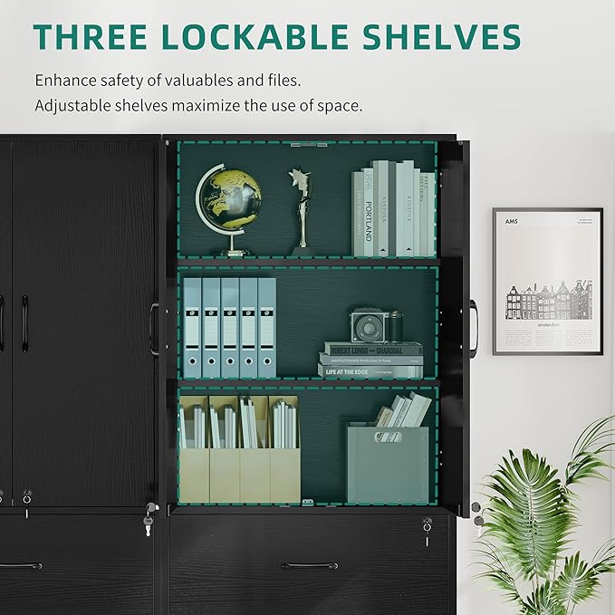 YITAHOME Wood File Cabinets, Heavy Duty Garage Tool Cabinets with Doors & Adjustable Shelves, Big Storage Filing Lockers for Home Office, Living Room, Pantry, Gym, Basement, Warehouse, Black