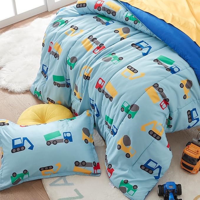 SLEEP ZONE Kids Bedding Comforter Set Full/Queen Size - Super Cute & Soft Kids Bedding 7 Pieces Set with Comforter, Sheet, Pillowcase & Sham (Construction Truck)