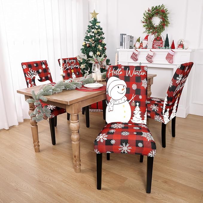 U'Artlines Christmas Chair Covers Set of 6, Removable Washable Merry Christmas Dining Chair Seat Covers Stretch Protector Slipcovers for Dining Room Kitchen Holiday Party Decor, Red Buffalo Plaid