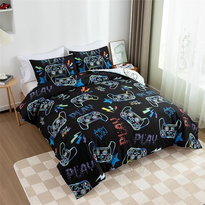 Meeting Story Gamer Gaming Bedding Sets Fluorescence Gamepad Comforter Set for Boys Games Console Action Buttons Novelty Colorful Modern Room Decor Home Quilt Set (Black, Full)