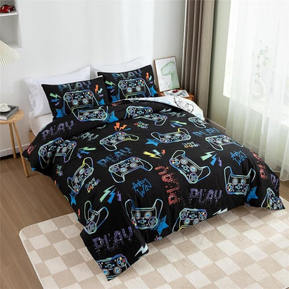 Meeting Story Gamer Gaming Bedding Sets Fluorescence Gamepad Comforter Set for Boys Games Console Action Buttons Novelty Colorful Modern Room Decor Home Quilt Set (Black, Full)