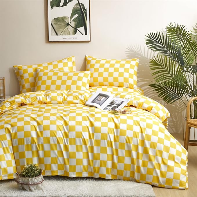 Yellow White Grid Comforter Set Twin Yellow Plaid Bedding Set Girls Yellow and White Checkered Bed Comforter Set Breathable Blanket Set Kids Durable Bedding Comforter Set