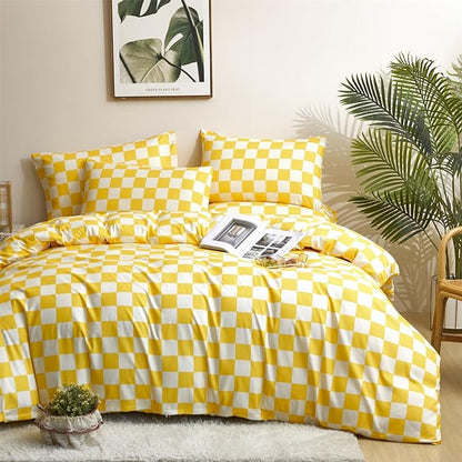 Yellow White Grid Comforter Set Twin Yellow Plaid Bedding Set Girls Yellow and White Checkered Bed Comforter Set Breathable Blanket Set Kids Durable Bedding Comforter Set