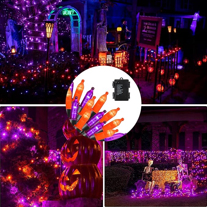 Dazzle Bright Purple and Orange Halloween Lights Battery Operated, 50 LED 16FT Waterproof Halloween Mini String Lights with 8 Modes, Halloween Decorations for Outdoor Indoor Garden Yard Party Decor