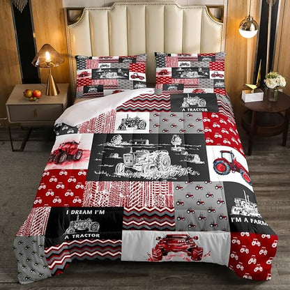 Erosebridal Red Tractor Bedding Set for Boys Twin,Construction Tractor Comforter Set Kids Teens Equipment Trucks Down Comforter Black White Construction Vehicle Quilt Set Bedroom Decor