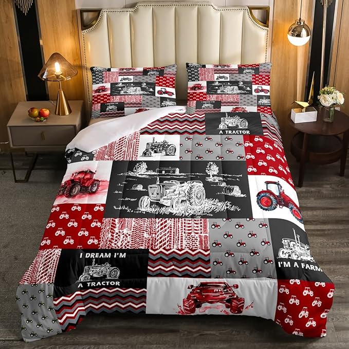 Erosebridal Red Tractor Bedding Set for Boys Queen,Construction Tractor Comforter Set Kids Teens Equipment Trucks Down Comforter Black White Construction Vehicle Quilt Set Bedroom Decor