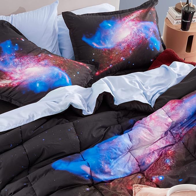 SLEEP ZONE Kids Bedding Comforter Set Full/Queen Size - Super Soft & Cute Printed 3-Piece Comforter Set All Seasons for Boys, Girls, Fade Resistant, Machine Washable, Purple Galaxy