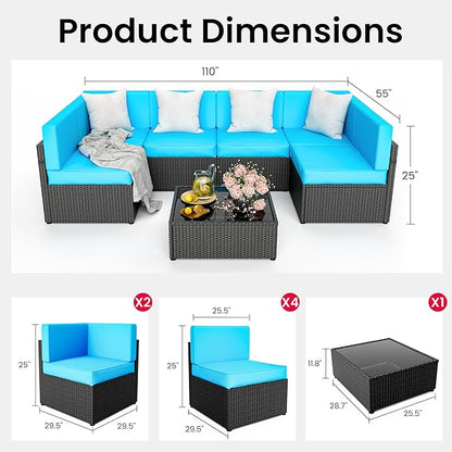 Pamapic 7-Piece Outdoor Furniture,All-Weather Wicker Modular Sectional Sofa with Patio Crystal Coffee Table, Adjustable Reclining Sectional Couch with Washable Removable Cushion Covers, Light Blue