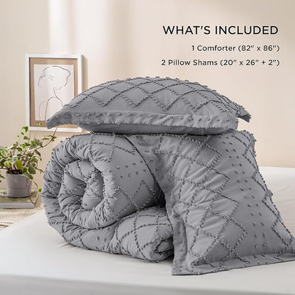 Bedsure Full Size Comforter Set - Grey Comforter, Boho Tufted Shabby Chic Bedding Comforter Set, 3 Pieces Vintage Farmhouse Bed Set for All Seasons, Fluffy Soft Bedding Set with 2 Pillow Shams