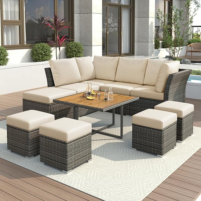 9 Pieces Outdoor Furniture All Weather Patio Sectional Sofa PE Wicker Modular Conversation Sets with Coffee Table and Storage Ottoman, Onesize, Ze-Grey