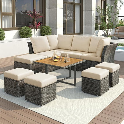 9 Pieces Outdoor Furniture All Weather Patio Sectional Sofa PE Wicker Modular Conversation Sets with Coffee Table and Storage Ottoman, Onesize, Ze-Grey