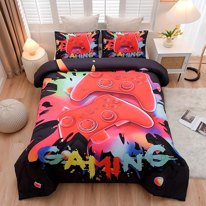 Aimuan Gaming Comforter Sets for Boys Kids Bedding Sets Video Games Console Action Buttons Novelty Colorful Game Gamepad Controller Modern Gamer Room Decor Home Quilt Set (Twin, Black)