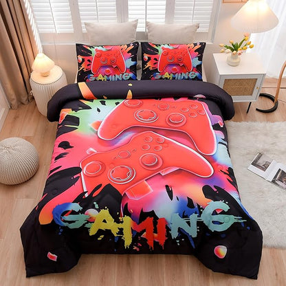 Aimuan Gaming Comforter Sets for Boys Kids Bedding Sets Video Games Console Action Buttons Novelty Colorful Game Gamepad Controller Modern Gamer Room Decor Home Quilt Set (Full, Black)