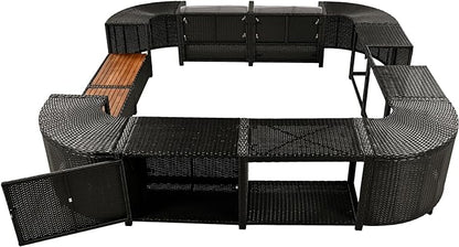 Outdoor Patio Furniture Set Spa Surround Quadrilateral Sofa with Wood Seatings, Rattan Sectional Couch w/Storage Space and Waterproof Cushions, for Yard Pool Backyard, Grey