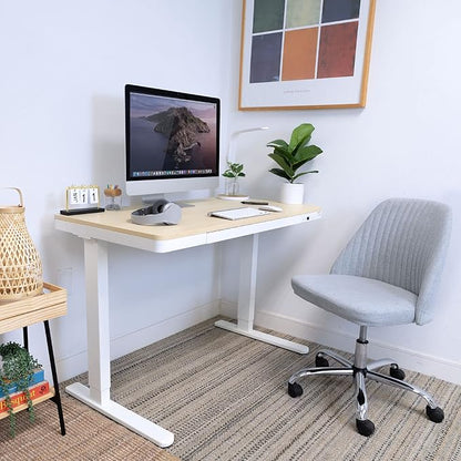 Mount-It! 47.2" Wide x 28.3" Deep Electric Height Adjustable Desk, Ergonomic Standing Workspace, Height Adjustment up to 46.5" Tall, Large Desktop, USB Ports, Drawer, Home Office, White, Maple Top