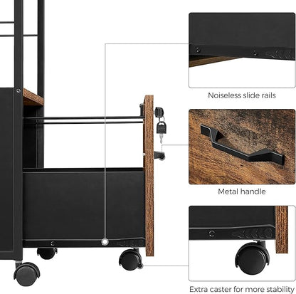 VASAGLE Filing Cabinet for Home Office, Printer Cabinet, Rolling File Cabinet with Drawer and Lock, for Suspended Folder, A4 and Letter Sized Documents, Industrial, Rustic Brown and Black UOFC044B01