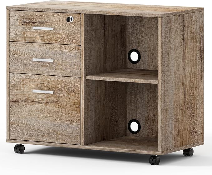 Maxtown Wood Filing Cabinet, Mobile Lateral Filing Cabinet with Lock, 3 Drawer Filing Cabinet with Open Storage Shelves, Printer Stand for Home Office, Walnut