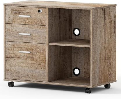 Maxtown Wood Filing Cabinet, Mobile Lateral Filing Cabinet with Lock, 3 Drawer Filing Cabinet with Open Storage Shelves, Printer Stand for Home Office, Walnut