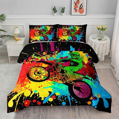 Axolotl Motocross Bedding Set Queen,Dirt Bike Comforter Set,Extreme Sports Bedding,Motorcycle Racer Comforter Set Motocross Comforter Motor Vehicles Biker For Boys Kids Teens Men,1 Quilt 2 Pillowcases