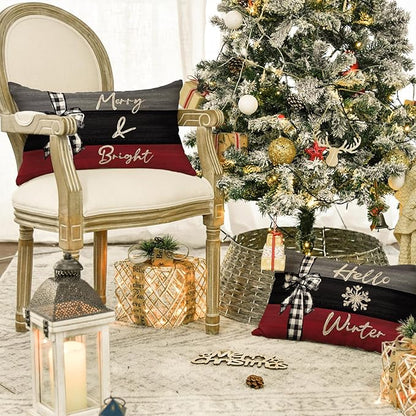 AVOIN colorlife Merry Christmas Joy Xmas Trees Red Throw Pillow Covers, 12 x 20 Inch Christmas Winter Holiday Cushion Case Decoration for Sofa Couch Set of 4