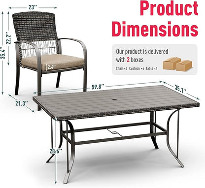 Pamapic 8504 Patio Dining 7 Piece, Outdoor Wicker Furniture Set for Backyard Garden Deck Poolside/Iron Slats Table Top, Removable Cushions, 7 Pack, Beige