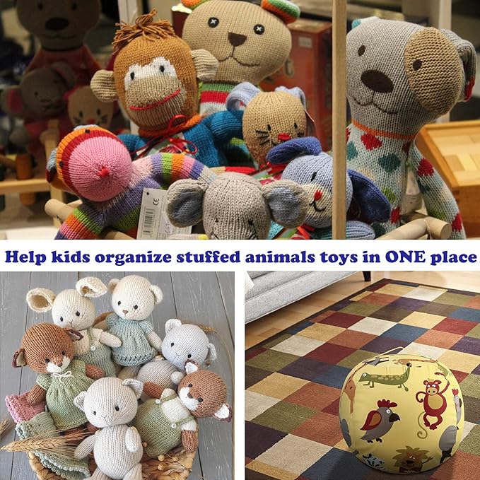Stuffed Animal Storage Bean Bag Chairs Toy Storage Organizer Bean Bags Chair Cover for Kids 24" Cotton Canvas Beanbag with Zipper for Organizing Kid's and Adults Room, Animal pattern