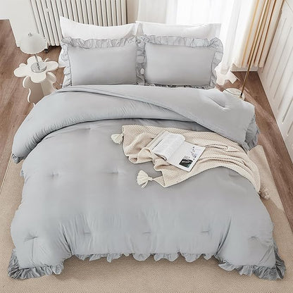 Andency Silver Gray Twin Size Comforter, 2 Pieces Farmhouse Classic Chic Ruffle Comforter for Kids, Lighteweight Soft Microfiber Bedding Set for Girls(1 Ruffle Comforter and 1 Pillowcase)