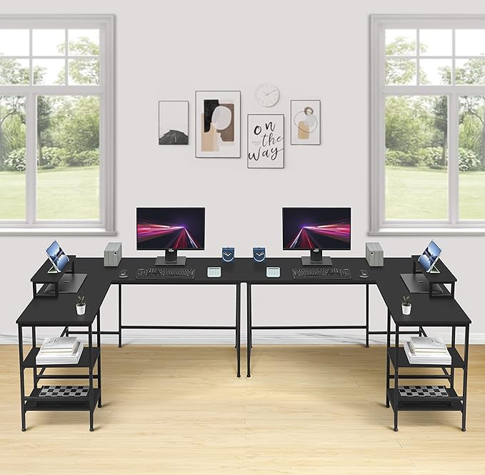L-Shaped Desk,Corner Computer Desk with Storage Shelves,Large Gaming Desk PC Laptop Writing Workstation with Monitor Stand for Home Office Black