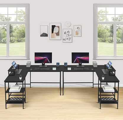 L-Shaped Desk,Corner Computer Desk with Storage Shelves,Large Gaming Desk PC Laptop Writing Workstation with Monitor Stand for Home Office Black