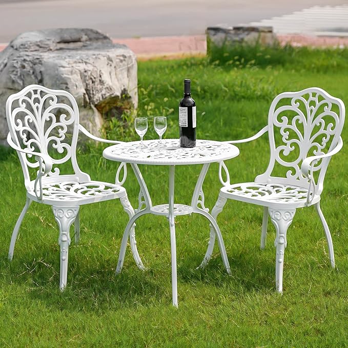 Bistro Table and Chairs Set of 2, Patio Furniture Bistro Set, Cast Aluminum Bistro Set 3 Piece Outdoor with Umbrella Hole for Balcony
