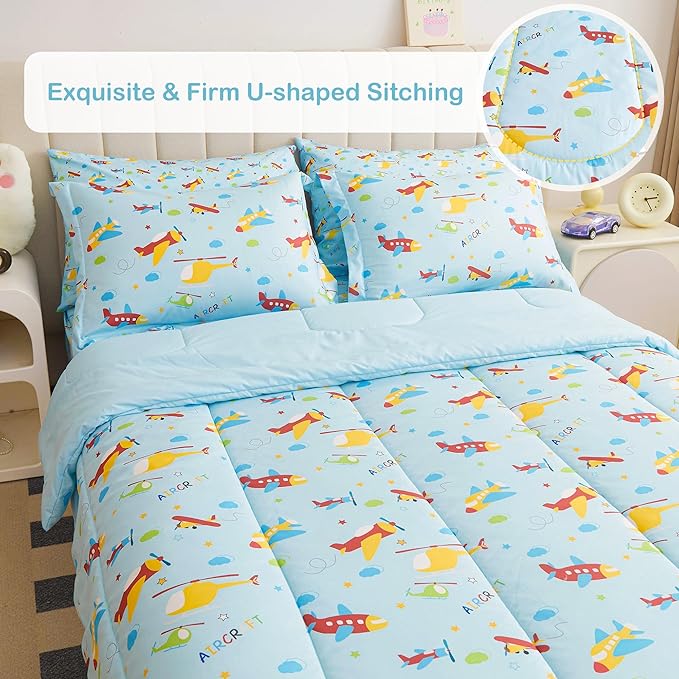 Mooreeke Bed in a Bag for Kids Boys Teens, 7 Pieces Full Size Aircraft Print Comforter Bed Set with Shams, Sheet Set, Airplane Blue Super Soft Microfiber Kids Comforter Bedding Set