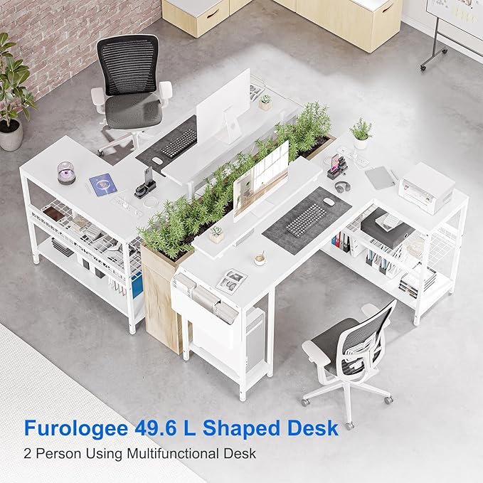 L Shaped Computer Desk with Power Outlets & LED Light, 49.6" Reversible Corner Computer Desk with Storage Shelves & Monitor Stand, Home Office Desk, Gaming Desk, Writing Desk (White)