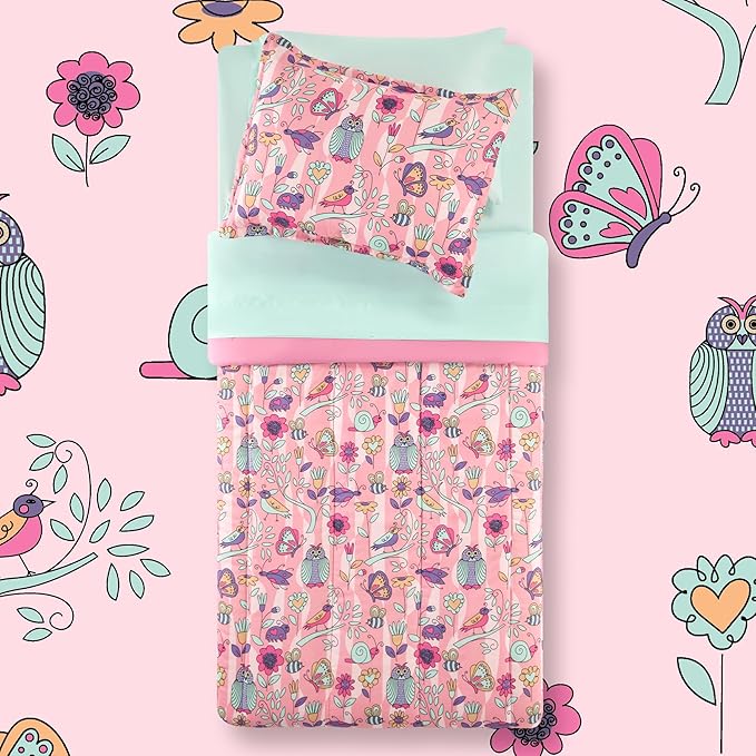 SLEEP ZONE Comforter Set Bed in A Bag, 7 Pieces Girls, Cattoon Pattern for Kids, Toddlers, Teens, Ultra Soft and Washable (Garden Secret,Full/Queen)