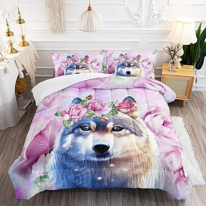 Wolf Comforter Set Tie Dye Wolf Bedding Set for Kids Teens Room Decor Romantic Pink Rose Wild Animals Comforter with 2 Pillowcases