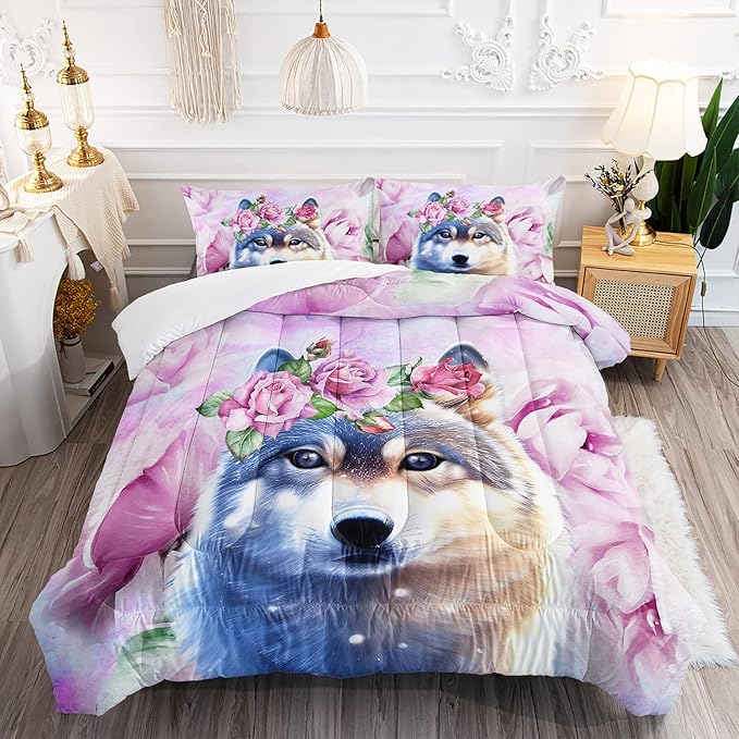 Wolf Comforter Set Tie Dye Wolf Bedding Set for Kids Teens Room Decor Romantic Pink Rose Wild Animals Comforter with 2 Pillowcases